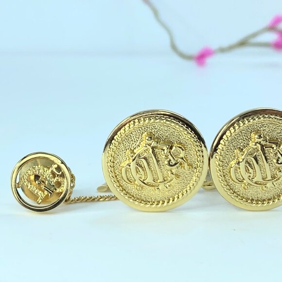 Christian Dior 1980s Insignia Initial Monogram Logo Circle Cufflinks Tie tag G75 - Picture 1 of 9